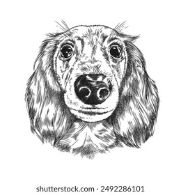 Encanto de cachorro esponjoso impreso en una Ilustración vectorial dibujada a mano. El bozal de un cocker spaniel con ojos conmovedores y orejas suaves sobre un fondo blanco.