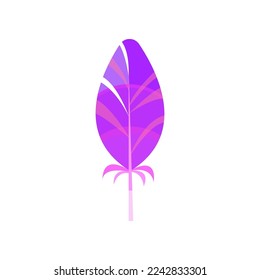 Fluffy purple bird feather cartoon illustration. Graphic bright quill with abstract pattern for web design isolated on white background. Plumage concept.