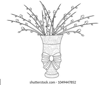 Fluffy pussy willow bouquets. An arrangement in the vase. Anti stress coloring, vector illustration