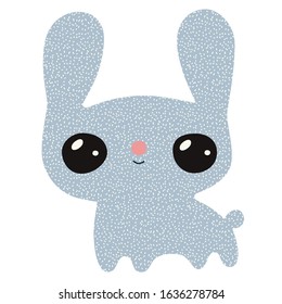 Fluffy rabbit with big eyes. Kawaii vector illustration isolated on white background. Cute, funny cartoon character. Hand drawing in a children's style.