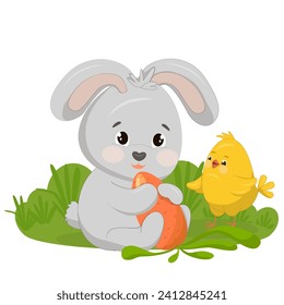 A fluffy rabbit hugs a tasty carrot, and a baby chick looks at the rabbit. Happy Easter Vector illustration for cards, posters, prints