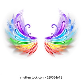 Fluffy rainbow wings on white background.