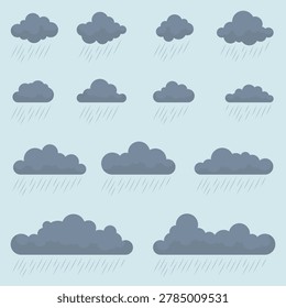 Fluffy rainy storm clouds and downpour icons. Cumulus-style cloud shapes for meteorological forecasts, children's educational materials, infographics, seasonal autumn designs, and UI app interfaces