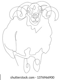 fluffy ram with big horns. drawing by one line.  vector image of an animal.  Trendy minimalistic linear drawing.