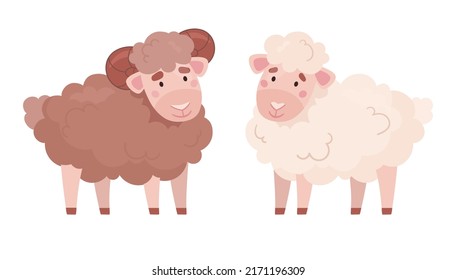 Carnero y carnero esponjoso, ilustración de vector animal en estilo de dibujos animados. Conjunto de lindos animales de granja