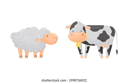 Fluffy Ram and Spotted Cow as Farm Animal Grazing Vector Set