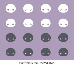 Fluffy round mascot character face icon set with white and black variations