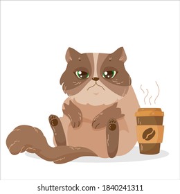 fluffy sad kitten, pet, brown shaggy plump cat sits next to a glass of coffee, fatigue, lack of sleep. vector illustration isolated on white background