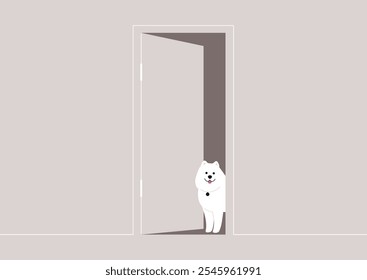 The fluffy Samoyed stands happily at the threshold of an open door, its charming expression brightening the minimalist room filled with soft colors and light