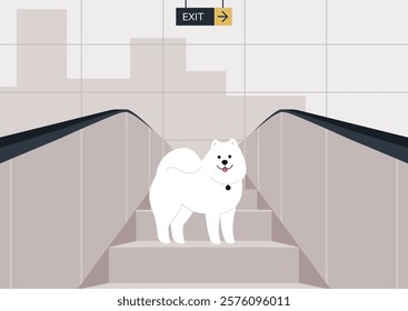 A fluffy Samoyed stands proudly on the escalator as it ascends in a city metro, exuding joy and curiosity while surrounded by urban architecture