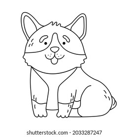 Fluffy shaggy dog ​​breed corgi coloring page. Isolated vector illustration for coloring book, print, game, party, kids design.