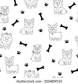 Fluffy shaggy little dogs breed pomeranian, pug, bulldog, corgi vector seamless pattern. Cartoon animal puppy texture.