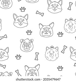 Fluffy shaggy little dogs breed pomeranian, pug, bulldog, corgi  seamless pattern. Cartoon animal puppy texture. Vector background for coloring book, t-shirt print, game, textile, wrapping.