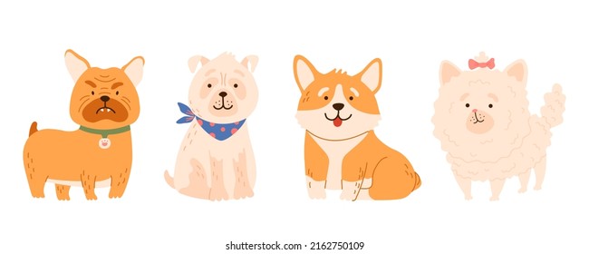 Fluffy shaggy little dogs breed pomeranian, pug, bulldog, corgi collection. Cartoon animal puppy set. Isolated vector illustration for t shirt print, game, textile, pet icons, kids design.