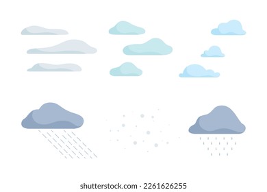 Fluffy Shaped Clouds Scudding Across Sky, Snow and Rain as Landscape Constructor Element Vector Set