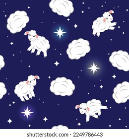 Fluffy sheep, clouds and stars - child seamless vector pattern