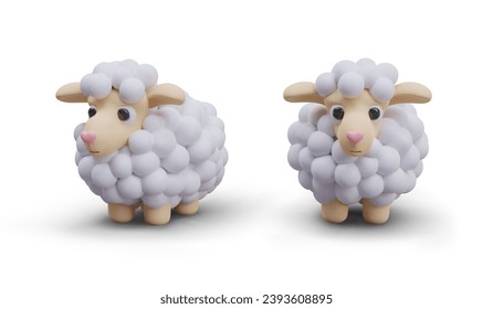 Fluffy ovino en diferentes posiciones sobre fondo blanco. Juguete de oveja para niños pequeños. Diseño de caricaturas. Ilustración vectorial en estilo 3D con sombra