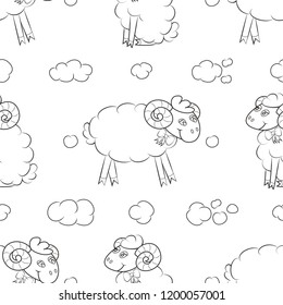 Fluffy sheep flying in the clouds. Baby Wallpaper. Vector illustration.