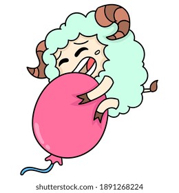 a fluffy sheep with a happy face hugging a balloon, character cute doodle draw. vector illustration