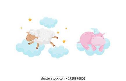 Fluffy Sheep and Hippo Sleeping on Soft Cloud Vector Set