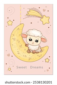 Fluffy sheep sitting on the moon, shooting star. Decorative scarf for nursery. Vector illustration in flat style. For posters, banners, cards and packages