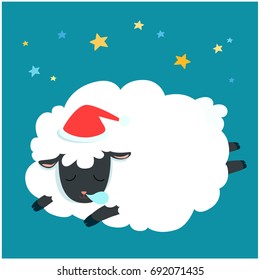 Fluffy sheep sleeping cartoon vector illustration.Night sky and stars background.