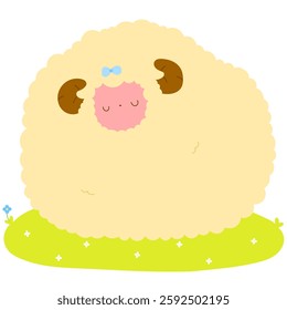 fluffy sheep sleeping on grass, cute farm animal flat vector illustration