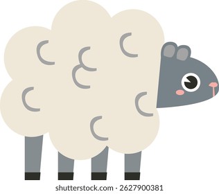 A fluffy sheep stands on four legs, its wool represented by simplified shapes.  A charming lamb with a petite head and large eye is shown with a soft, minimalist aesthetic. Cartoon vector illustration