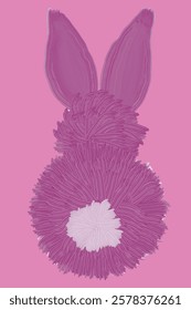 fluffy simple bunny sitting back. Lilac cute animal isolated on pink