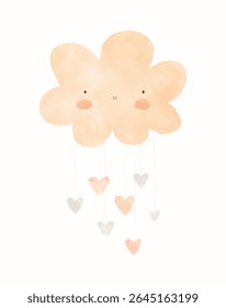 Nuvem de sorriso fofo e chuva de corações em um fundo branco. Arte De Berçário Simples Em Cores Neutras De Gênero. Cute Simple Baby Chuveiro Vetor Card Para Menina Do Bebê E Menino Do Bebê.