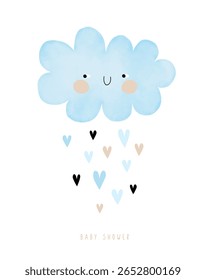 Nuvem de sorriso fofo e chuva de corações em um fundo branco. Arte De Berçário Simples. Cute Simples Chá De Bebê Chá Vetor Cartão Para Baby Boy. Nuvem Azul Com Corações Minúsculos. Cores de Pastel RGB.