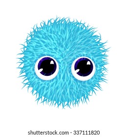 Fluffy smiling creature with big blue eyes. Funny cute emoticon isolated on white background. Vector illustration.