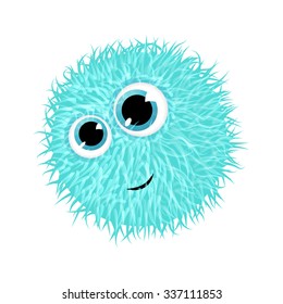 Fluffy smiling creature with big blue eyes. Funny cute emoticon isolated on white background. Vector illustration.