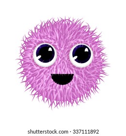 Fluffy smiling creature with big blue eyes. Funny cute pink emoticon isolated on white background. Vector illustration.