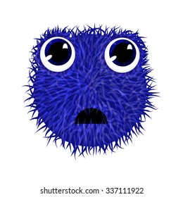 Fluffy smiling creature with big blue eyes. Funny cute emoticon isolated on white background. Vector illustration.