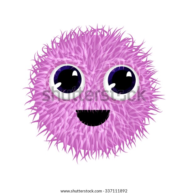 Smiling creatures. Стикер маленькая сиреневая мохнатая. Funny Pink Monster with 3 mouths.