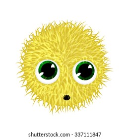 Fluffy smiling creature with big green eyes. Funny cute yellow emoticon isolated on white background. Vector illustration.
