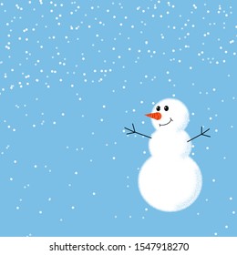 Fluffy snowman on a blue background with snowfall. Square vector design for New Year and Christmas decoration of social networks, cards and various other purposes.