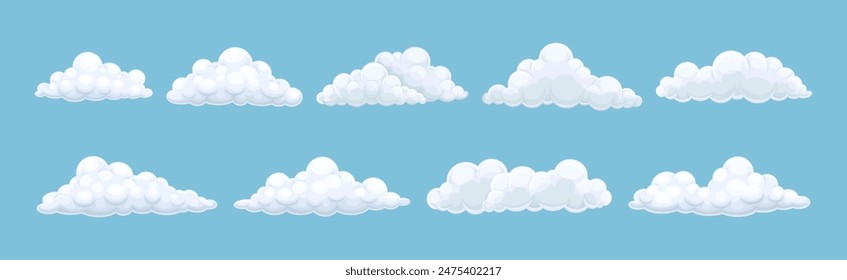 Fluffy Soft Cloud Isolated on Blue Background Vector Set