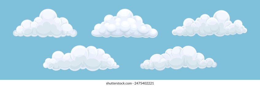 Fluffy Soft Cloud Isolated on Blue Background Vector Set