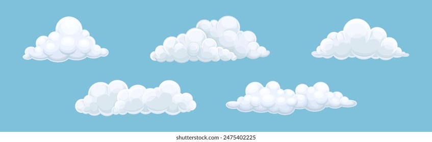 Fluffy Soft Cloud Isolated on Blue Background Vector Set