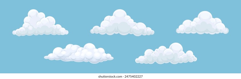 Fluffy Soft Cloud Isolated on Blue Background Vector Set