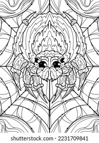 Araña esponjosa en la web. Libro de colorear para niños. Esbozo a mano libre para página de colorear antiestrés adulto con doodle y elementos zentangle.