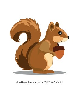 Fluffy Squirrel with Bushy Tail Holding Acorn Vector Illustration.