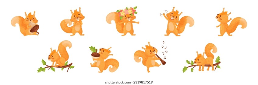 Fluffy Squirrel Character with Bushy Tail Engaged in Different Activity Vector Set