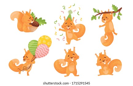 Fluffy Squirrel Character Holding Bunch of Balloons and Acorn Vector Set