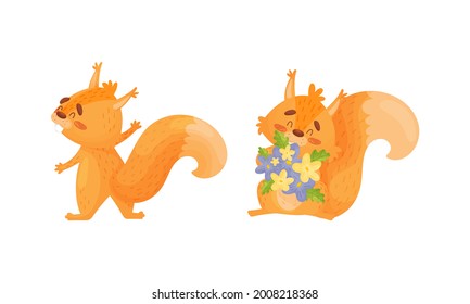 Juego de vectores de flor con caracter de ardilla esponjosa