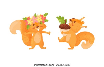 Fluffy Squirrel Character Wearing Floral Wreath and Carrying Acorn Vector Set