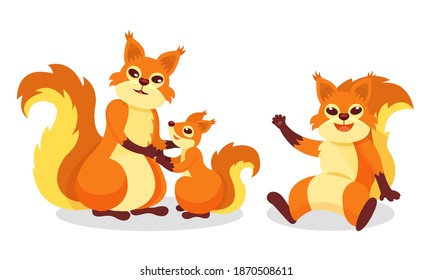 Fluffy Squirrel Waving Paw and Playing with Cub Vector Set