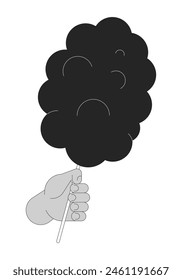 Fluffy sweet cotton candy holding cartoon human hand outline illustration. Street dessert 2D isolated black and white vector image. Popular sugar snack at fair flat monochromatic drawing clip art